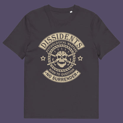 Anthracite t shirt. An anti government t shirt suggesting we are living in a psychological war. Designed in a motorcycle club style, this dissident t shirt is for those among us that feel they are fighting for their freedom to think independently and to make their own choices. Made from 100% organic ring-spun cotton, this non conformist t shirt is unisex, high-quality, super comfy, and best of all, eco-friendly.
