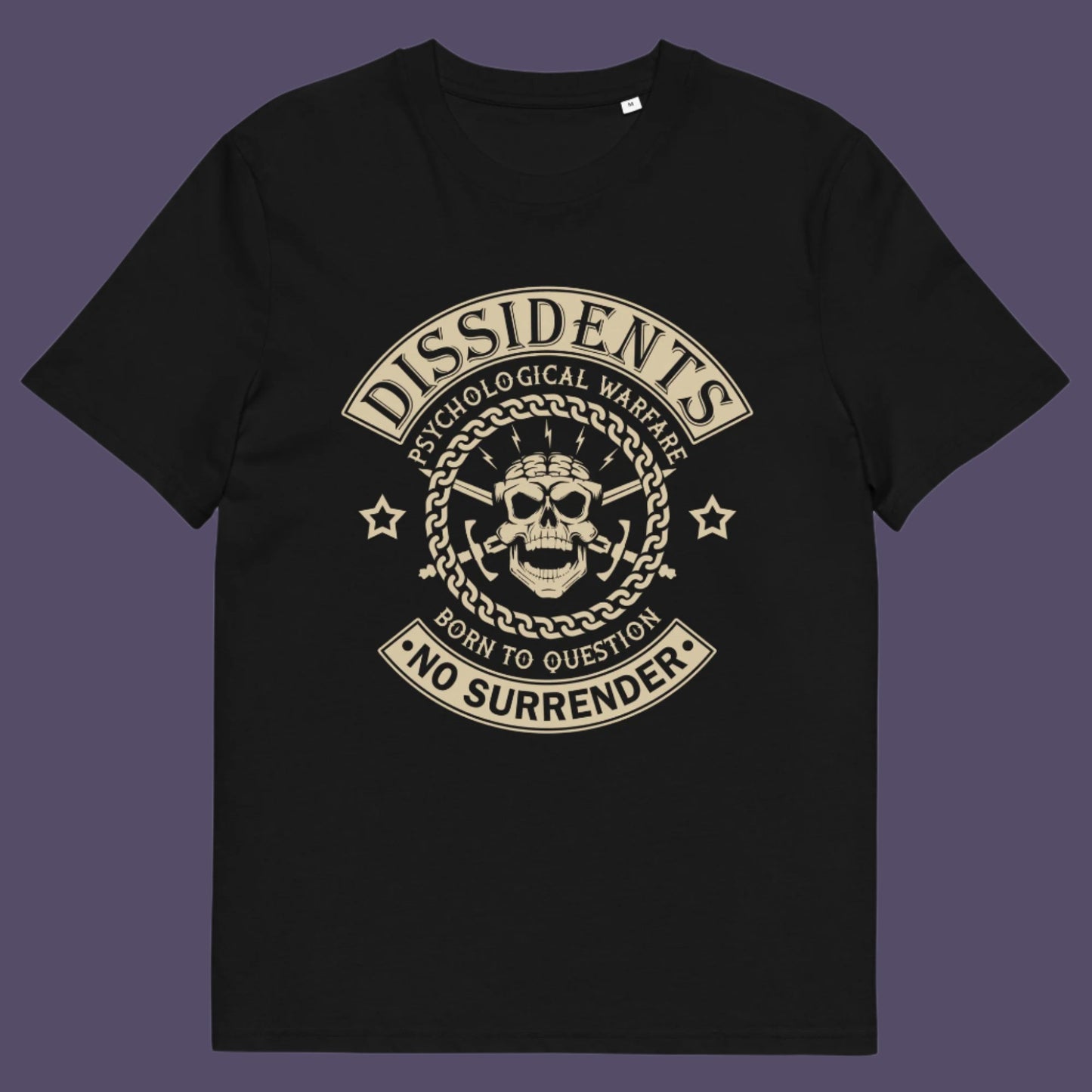Black t shirt. An anti government t shirt suggesting we are living in a psychological war. Designed in a motorcycle club style, this dissident t shirt is for those among us that feel they are fighting for their freedom to think independently and to make their own choices. Made from 100% organic ring-spun cotton, this non conformist t shirt is unisex, high-quality, super comfy, and best of all, eco-friendly.