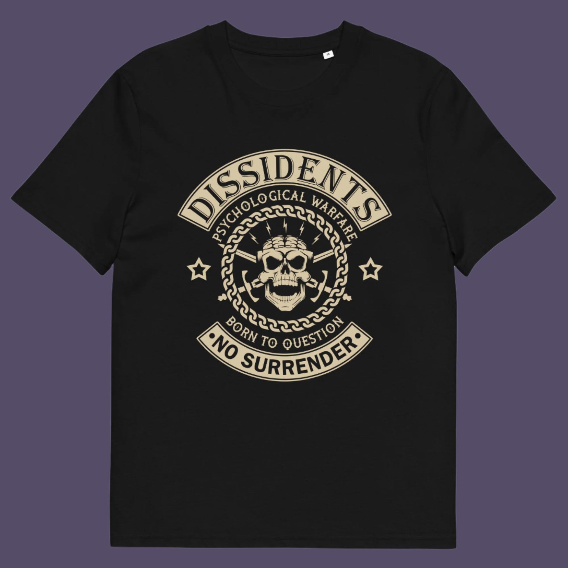 Black t shirt. An anti government t shirt suggesting we are living in a psychological war. Designed in a motorcycle club style, this dissident t shirt is for those among us that feel they are fighting for their freedom to think independently and to make their own choices. Made from 100% organic ring-spun cotton, this non conformist t shirt is unisex, high-quality, super comfy, and best of all, eco-friendly.