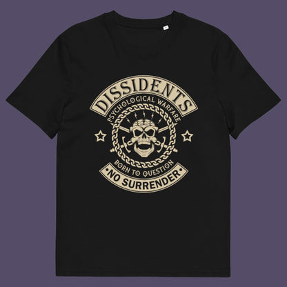 Black t shirt. An anti government t shirt suggesting we are living in a psychological war. Designed in a motorcycle club style, this dissident t shirt is for those among us that feel they are fighting for their freedom to think independently and to make their own choices. Made from 100% organic ring-spun cotton, this non conformist t shirt is unisex, high-quality, super comfy, and best of all, eco-friendly.