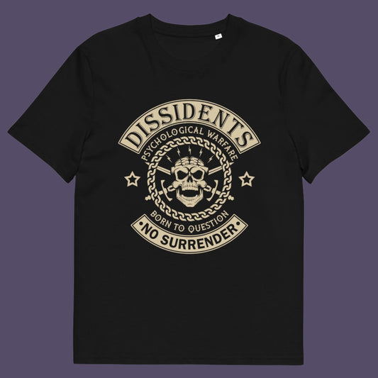 Black t shirt. An anti government t shirt suggesting we are living in a psychological war. Designed in a motorcycle club style, this dissident t shirt is for those among us that feel they are fighting for their freedom to think independently and to make their own choices. Made from 100% organic ring-spun cotton, this non conformist t shirt is unisex, high-quality, super comfy, and best of all, eco-friendly.