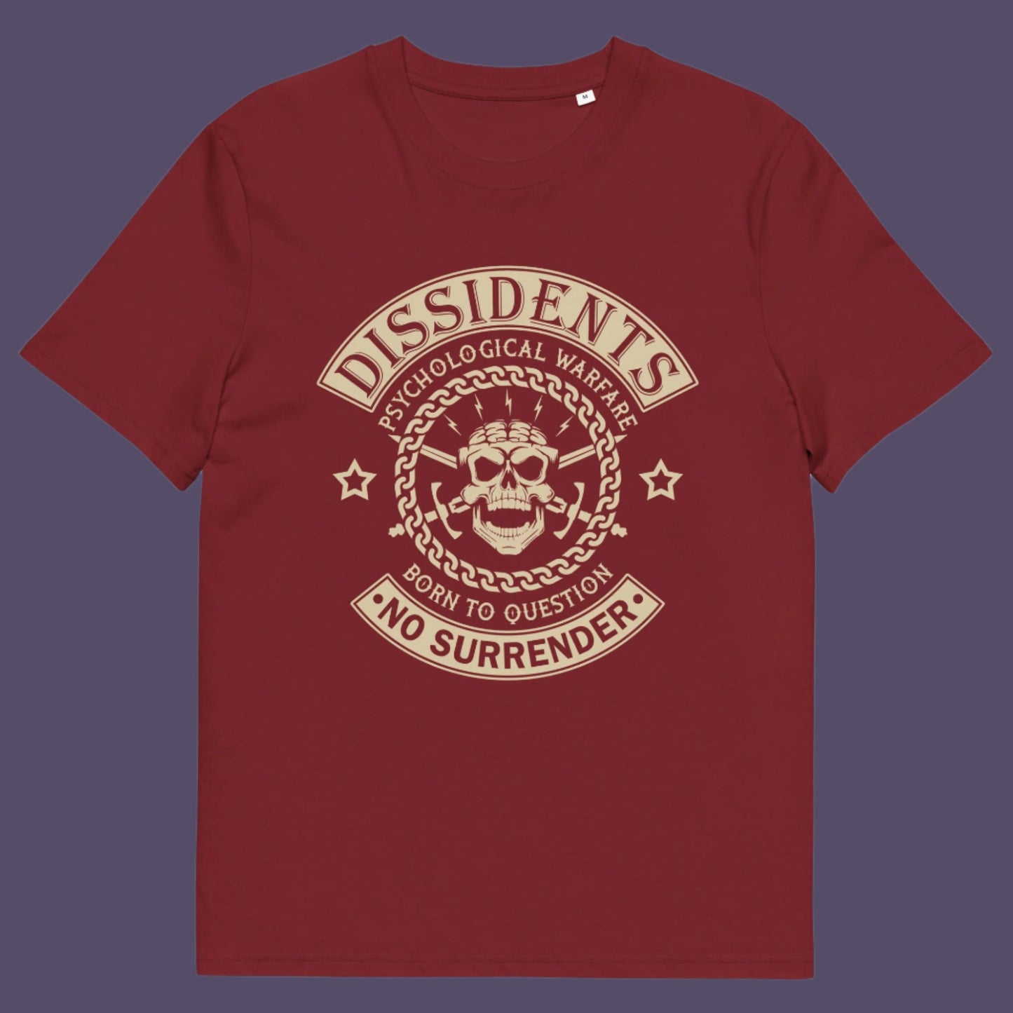 Burgundy t shirt. An anti government t shirt suggesting we are living in a psychological war. Designed in a motorcycle club style, this dissident t shirt is for those among us that feel they are fighting for their freedom to think independently and to make their own choices. Made from 100% organic ring-spun cotton, this non conformist t shirt is unisex, high-quality, super comfy, and best of all, eco-friendly.