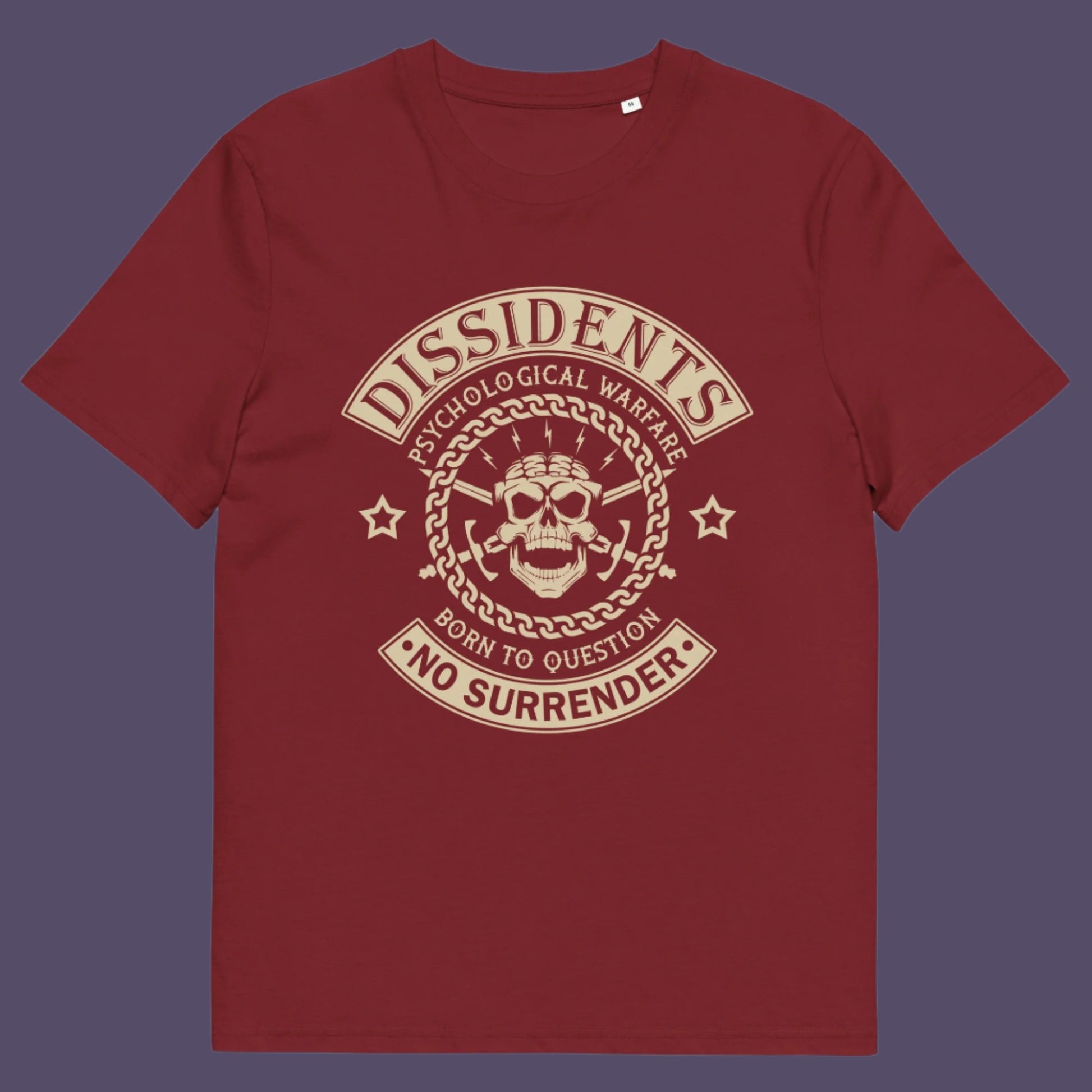 Burgundy t shirt. An anti government t shirt suggesting we are living in a psychological war. Designed in a motorcycle club style, this dissident t shirt is for those among us that feel they are fighting for their freedom to think independently and to make their own choices. Made from 100% organic ring-spun cotton, this non conformist t shirt is unisex, high-quality, super comfy, and best of all, eco-friendly.
