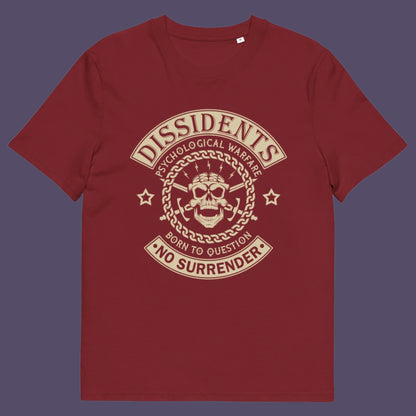 Burgundy t shirt. An anti government t shirt suggesting we are living in a psychological war. Designed in a motorcycle club style, this dissident t shirt is for those among us that feel they are fighting for their freedom to think independently and to make their own choices. Made from 100% organic ring-spun cotton, this non conformist t shirt is unisex, high-quality, super comfy, and best of all, eco-friendly.