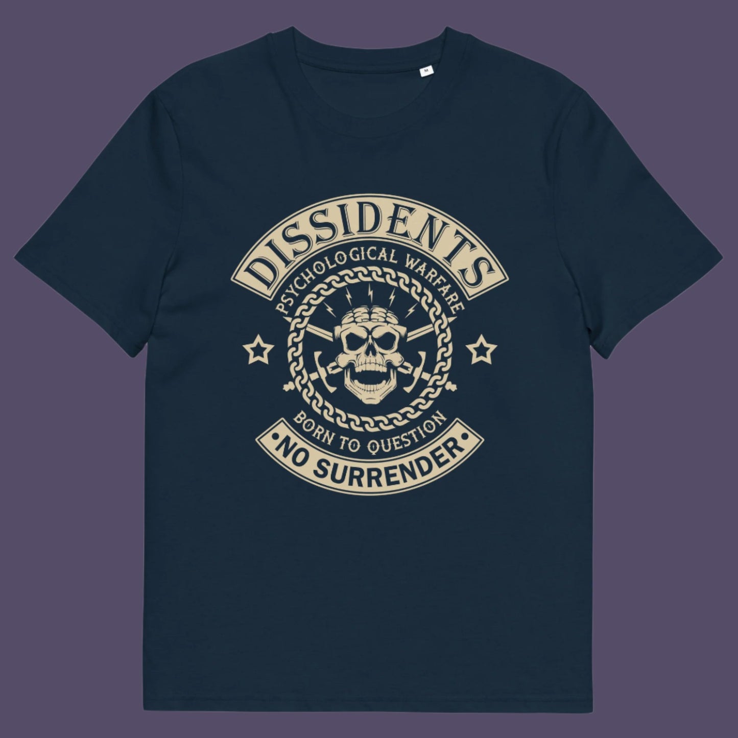 French navy t shirt. An anti government t shirt suggesting we are living in a psychological war. Designed in a motorcycle club style, this dissident t shirt is for those among us that feel they are fighting for their freedom to think independently and to make their own choices. Made from 100% organic ring-spun cotton, this non conformist t shirt is unisex, high-quality, super comfy, and best of all, eco-friendly.