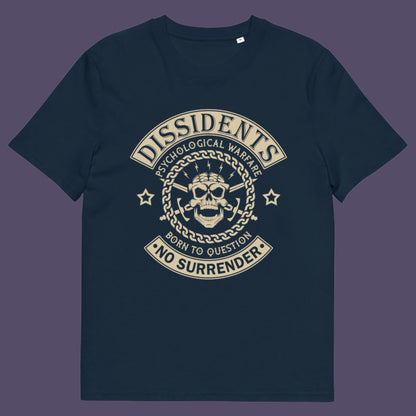 French navy t shirt. An anti government t shirt suggesting we are living in a psychological war. Designed in a motorcycle club style, this dissident t shirt is for those among us that feel they are fighting for their freedom to think independently and to make their own choices. Made from 100% organic ring-spun cotton, this non conformist t shirt is unisex, high-quality, super comfy, and best of all, eco-friendly.