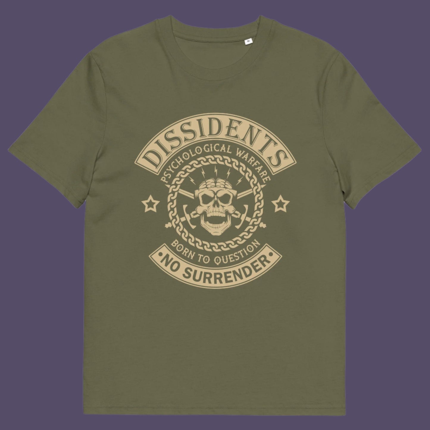 Khaki t shirt. An anti government t shirt suggesting we are living in a psychological war. Designed in a motorcycle club style, this dissident t shirt is for those among us that feel they are fighting for their freedom to think independently and to make their own choices. Made from 100% organic ring-spun cotton, this non conformist t shirt is unisex, high-quality, super comfy, and best of all, eco-friendly.