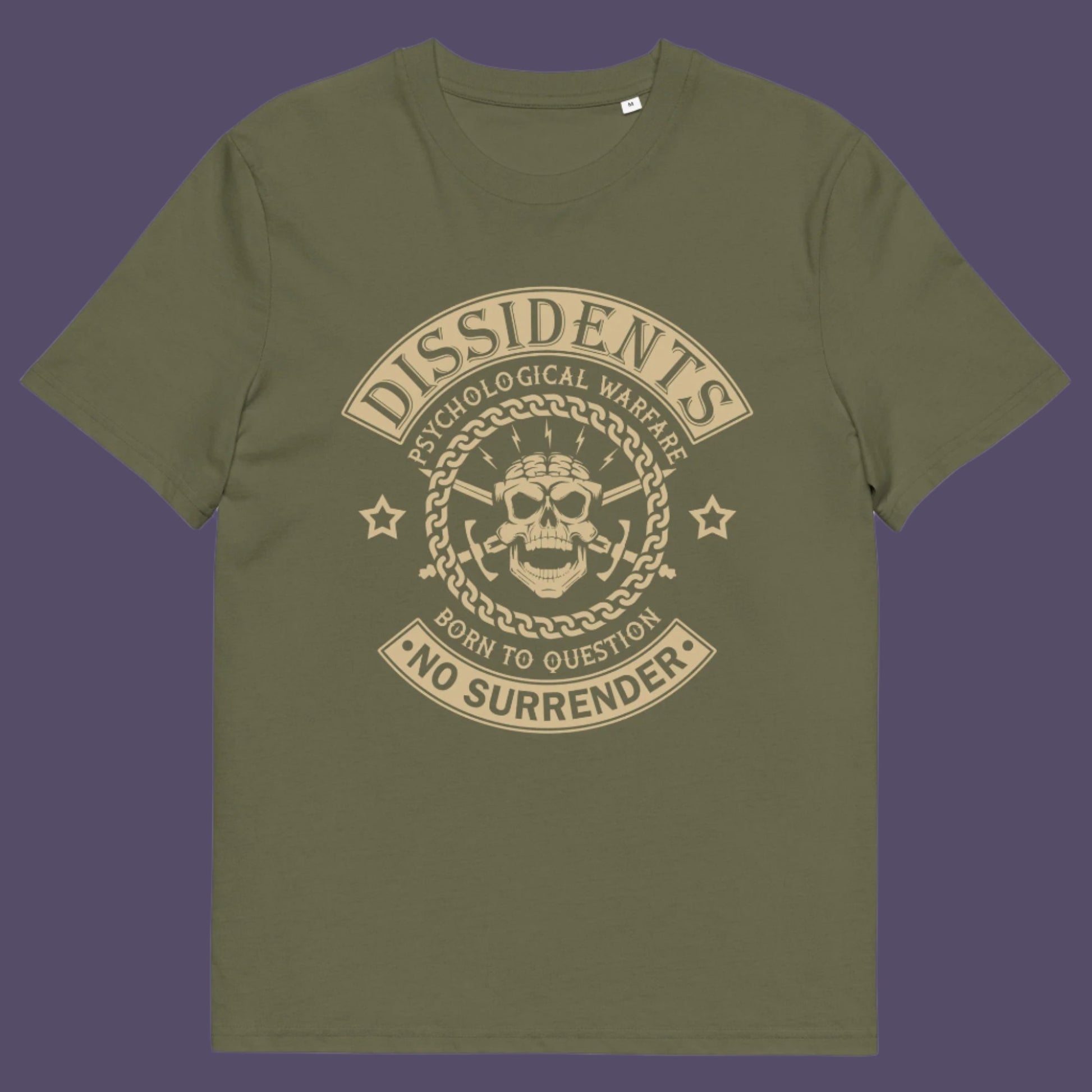 Khaki t shirt. An anti government t shirt suggesting we are living in a psychological war. Designed in a motorcycle club style, this dissident t shirt is for those among us that feel they are fighting for their freedom to think independently and to make their own choices. Made from 100% organic ring-spun cotton, this non conformist t shirt is unisex, high-quality, super comfy, and best of all, eco-friendly.