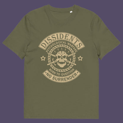 Khaki t shirt. An anti government t shirt suggesting we are living in a psychological war. Designed in a motorcycle club style, this dissident t shirt is for those among us that feel they are fighting for their freedom to think independently and to make their own choices. Made from 100% organic ring-spun cotton, this non conformist t shirt is unisex, high-quality, super comfy, and best of all, eco-friendly.