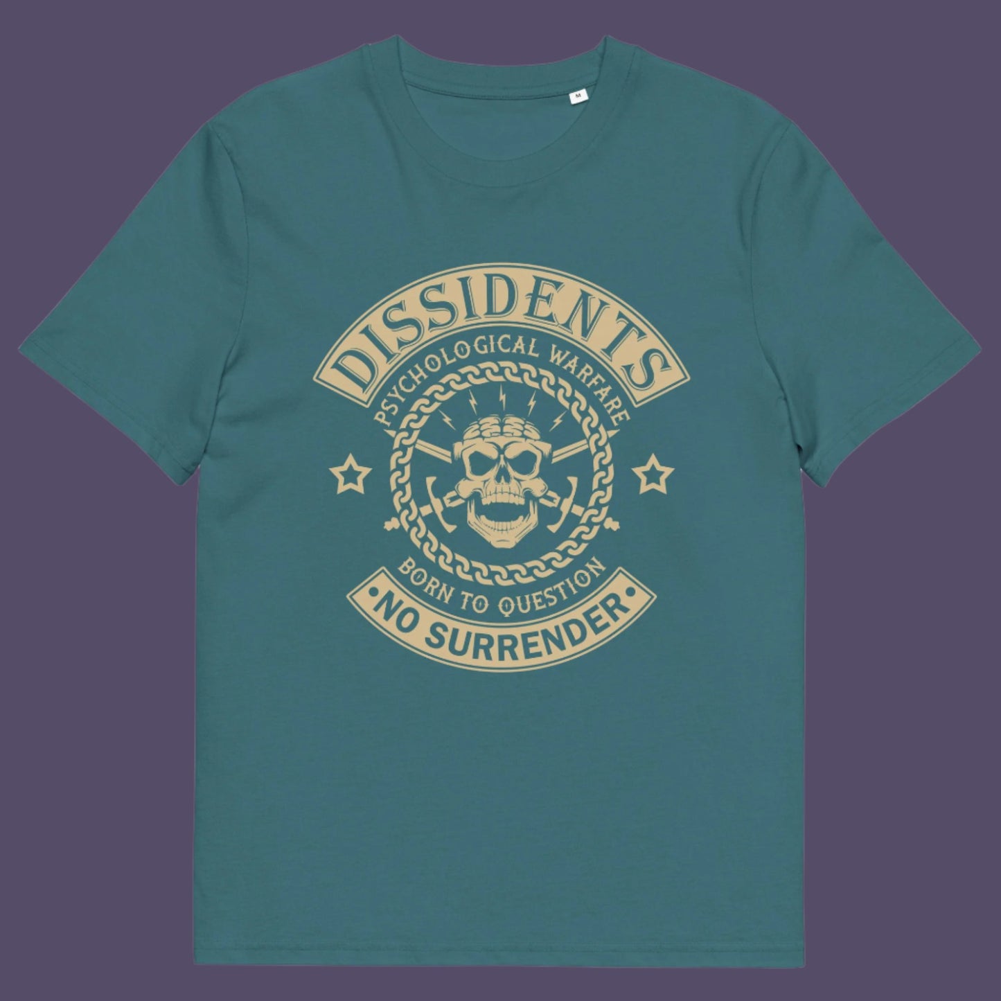 Stargazer t shirt. An anti government t shirt suggesting we are living in a psychological war. Designed in a motorcycle club style, this dissident t shirt is for those among us that feel they are fighting for their freedom to think independently and to make their own choices. Made from 100% organic ring-spun cotton, this non conformist t shirt is unisex, high-quality, super comfy, and best of all, eco-friendly.