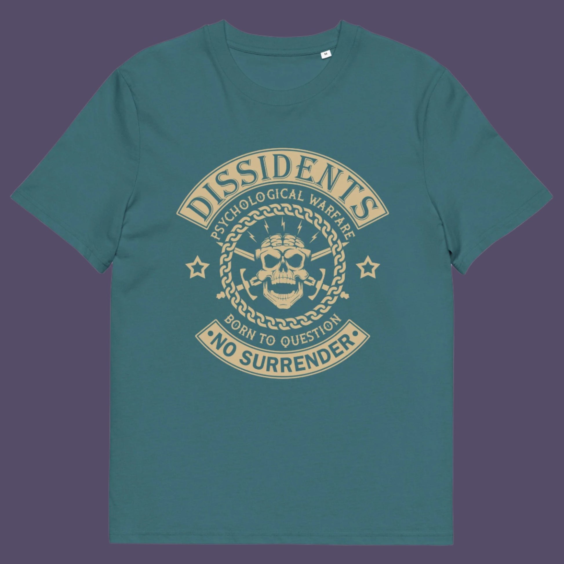 Stargazer t shirt. An anti government t shirt suggesting we are living in a psychological war. Designed in a motorcycle club style, this dissident t shirt is for those among us that feel they are fighting for their freedom to think independently and to make their own choices. Made from 100% organic ring-spun cotton, this non conformist t shirt is unisex, high-quality, super comfy, and best of all, eco-friendly.