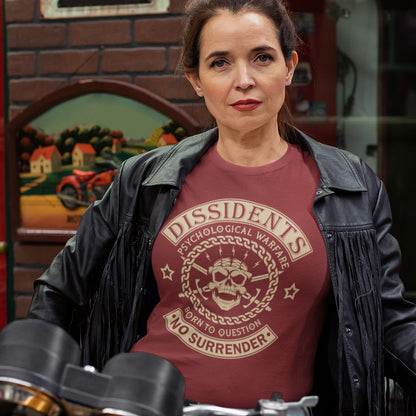 Woman wearing a burgundy
 t-shirt with a graphic design and text, standing next to a motorcycle. An anti government t shirt suggesting we are living in a psychological war. Designed in a motorcycle club style, this dissident t shirt is for those among us that feel they are fighting for their freedom to think independently and to make their own choices. Made from 100% organic ring-spun cotton, this non conformist t shirt is unisex, high-quality, super comfy, and best of all, eco-friendly.