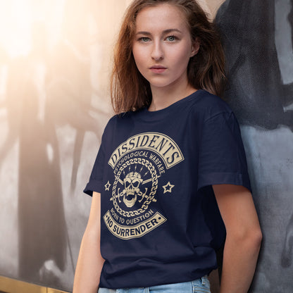 Person wearing a French navy blue t-shirt with a graphic design and text. An anti government t shirt suggesting we are living in a psychological war. Designed in a motorcycle club style, this dissident t shirt is for those among us that feel they are fighting for their freedom to think independently and to make their own choices. Made from 100% organic ring-spun cotton, this non conformist t shirt is unisex, high-quality, super comfy, and best of all, eco-friendly.