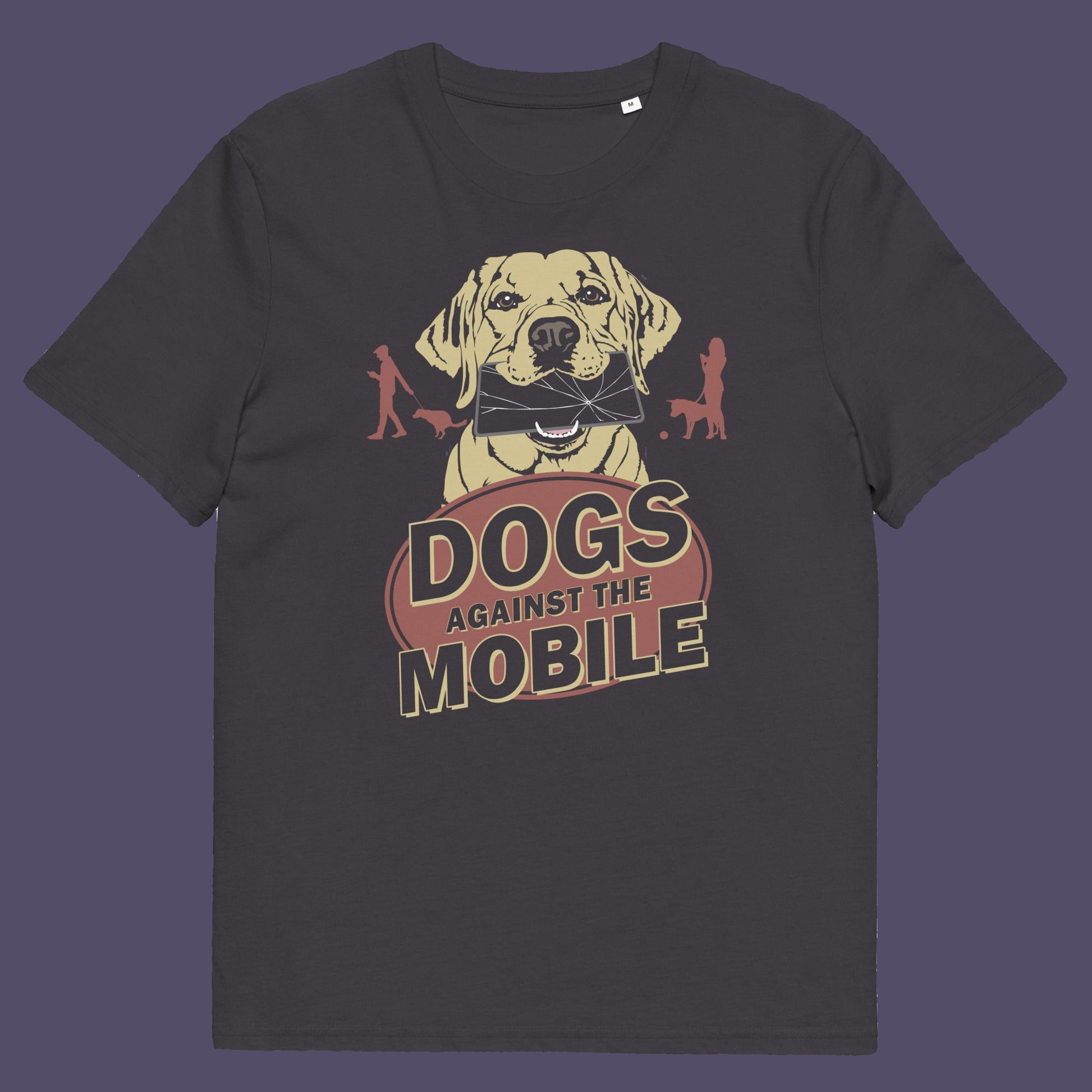 Anthracite t shirt. This anti mobile phone abuse t shirt is for dog lovers. Walking the dog used to mean quality time with man's best friend but now it seems to be another excuses to stare vacantly at a mobile phone. No dog is a friend of the mobile phone, support your pooch ! Made from 100% organic ring-spun cotton, these dog lovers t shirts are unisex, high quality, super comfy, and best of all, eco-friendly.