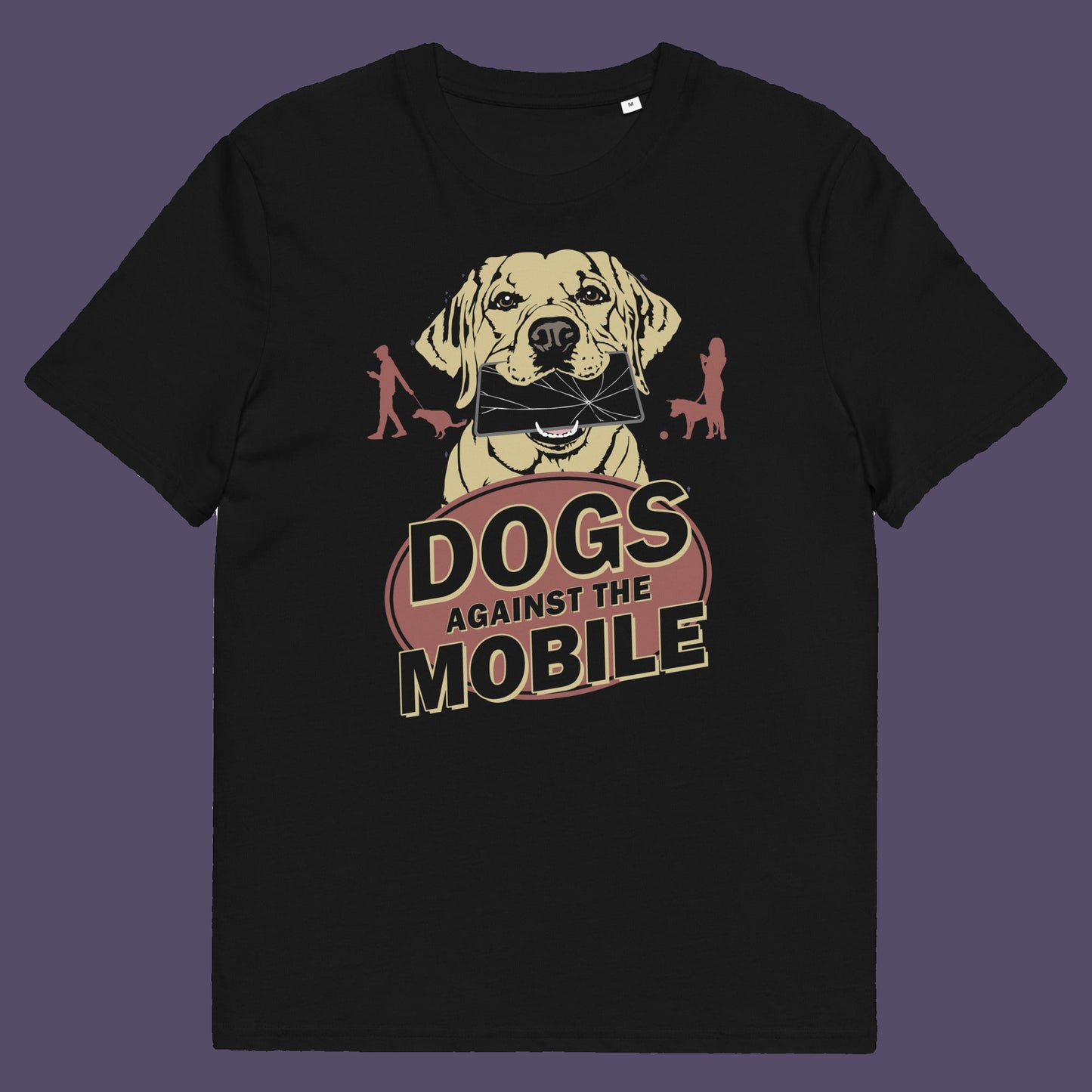 Black t shirt. This anti mobile phone abuse t shirt is for dog lovers. Walking the dog used to mean quality time with man's best friend but now it seems to be another excuses to stare vacantly at a mobile phone. No dog is a friend of the mobile phone, support your pooch ! Made from 100% organic ring-spun cotton, these dog lovers t shirts are unisex, high quality, super comfy, and best of all, eco-friendly.