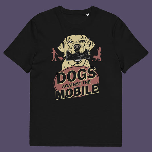 Black t shirt. This anti mobile phone abuse t shirt is for dog lovers. Walking the dog used to mean quality time with man's best friend but now it seems to be another excuses to stare vacantly at a mobile phone. No dog is a friend of the mobile phone, support your pooch ! Made from 100% organic ring-spun cotton, these dog lovers t shirts are unisex, high quality, super comfy, and best of all, eco-friendly.