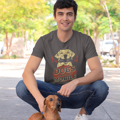 Man with dog, wearing an anthracite t shirt. This anti mobile phone abuse t shirt is for dog lovers. Walking the dog used to mean quality time with man's best friend but now it seems to be another excuses to stare vacantly at a mobile phone. No dog is a friend of the mobile phone, support your pooch ! Made from 100% organic ring-spun cotton, these dog lovers t shirts are unisex, high quality, super comfy, and best of all, eco-friendly.