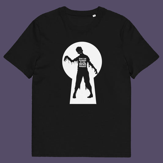 Black t shirt. This funny non conformist t shirt warns against the effects of the hive mind. How do you ever know if you are wrong if everyone believes the same rhetoric ? Watch out for being infected by the hive mind of social apathy, ignorance and misinformation. Made from 100% organic ring-spun cotton, this counter culture t shirt is unisex, high quality, super comfy, and best of all, eco-friendly.