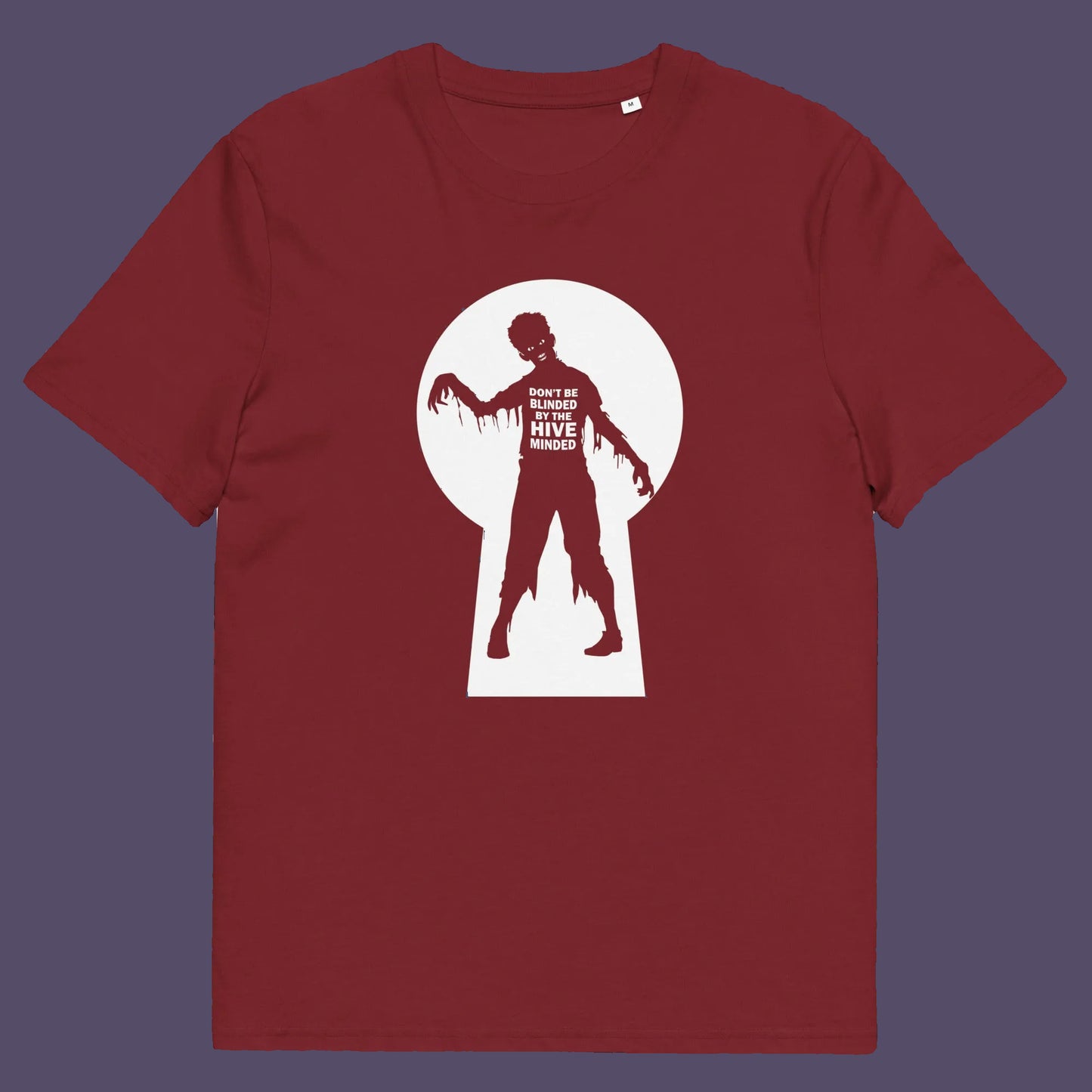Burgundy t shirt. This funny non conformist t shirt warns against the effects of the hive mind. How do you ever know if you are wrong if everyone believes the same rhetoric ? Watch out for being infected by the hive mind of social apathy, ignorance and misinformation. Made from 100% organic ring-spun cotton, this counter culture t shirt is unisex, high quality, super comfy, and best of all, eco-friendly.