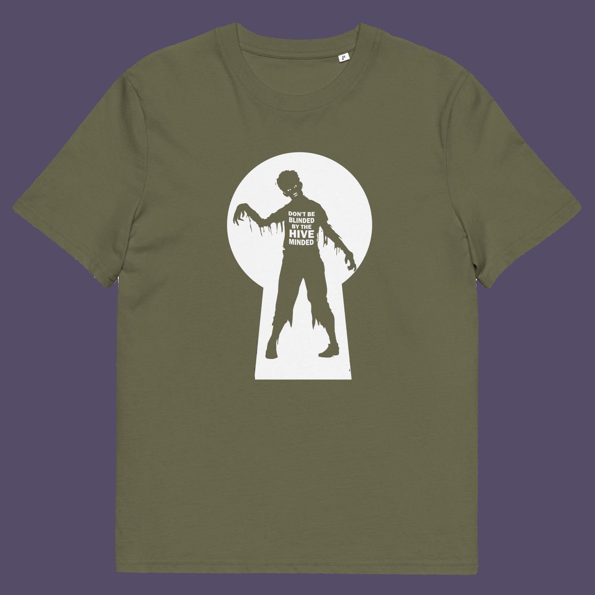 Khaki t shirt. This funny non conformist t shirt warns against the effects of the hive mind. How do you ever know if you are wrong if everyone believes the same rhetoric ? Watch out for being infected by the hive mind of social apathy, ignorance and misinformation. Made from 100% organic ring-spun cotton, this counter culture t shirt is unisex, high quality, super comfy, and best of all, eco-friendly.