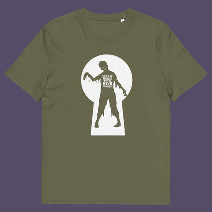 Khaki t shirt. This funny non conformist t shirt warns against the effects of the hive mind. How do you ever know if you are wrong if everyone believes the same rhetoric ? Watch out for being infected by the hive mind of social apathy, ignorance and misinformation. Made from 100% organic ring-spun cotton, this counter culture t shirt is unisex, high quality, super comfy, and best of all, eco-friendly.