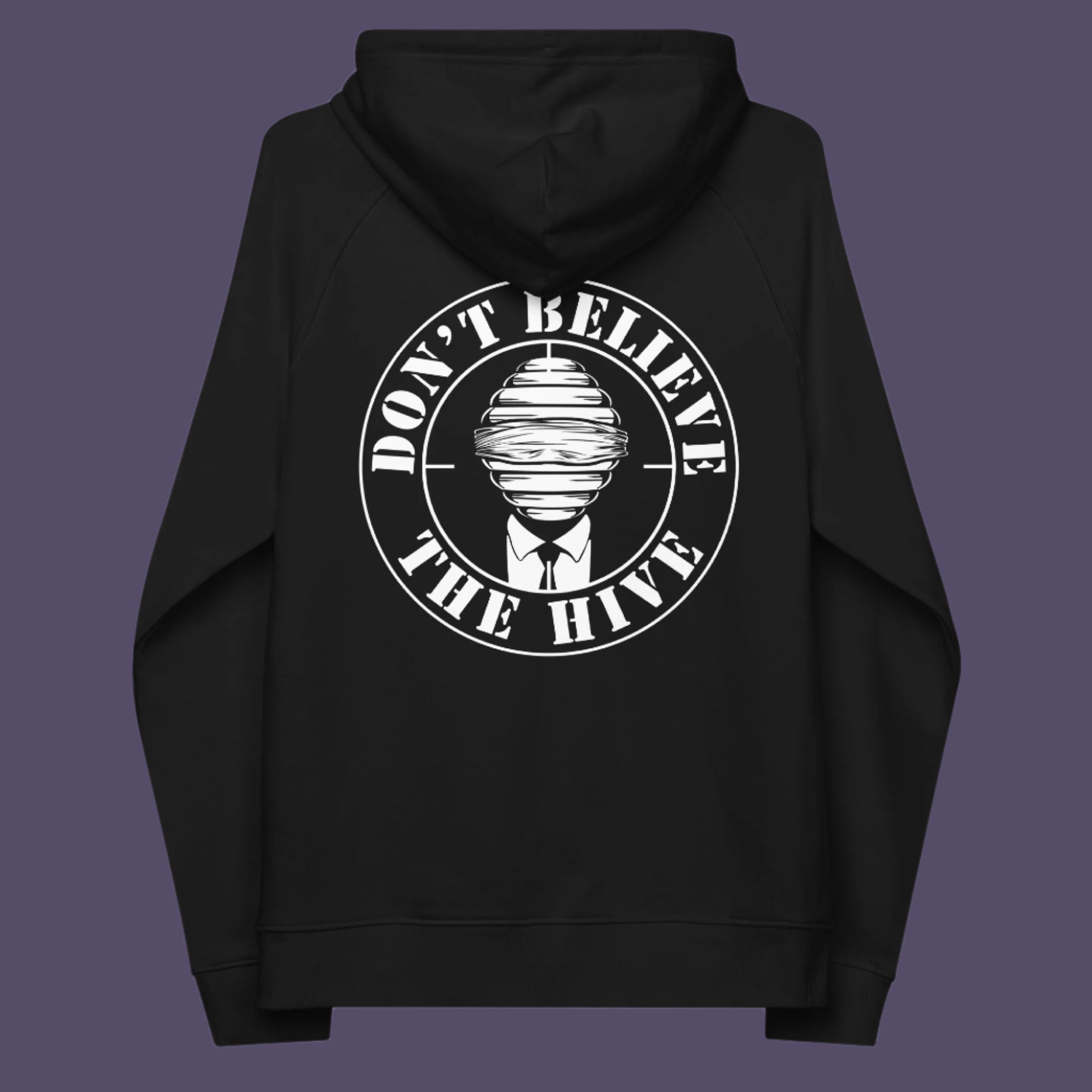 Black hoodie back. In an ever increasing world of media influence and misinformation, can 'The Majority' no longer be trusted ? Don't get blinded by the hive minded. Support independent thought with this unique hoodie. Comfortable and practical. It's extra soft and has a convenient front pouch pocket. Made from organic cotton and recycled polyester, this social awareness hoodie is a great eco-friendly choice.