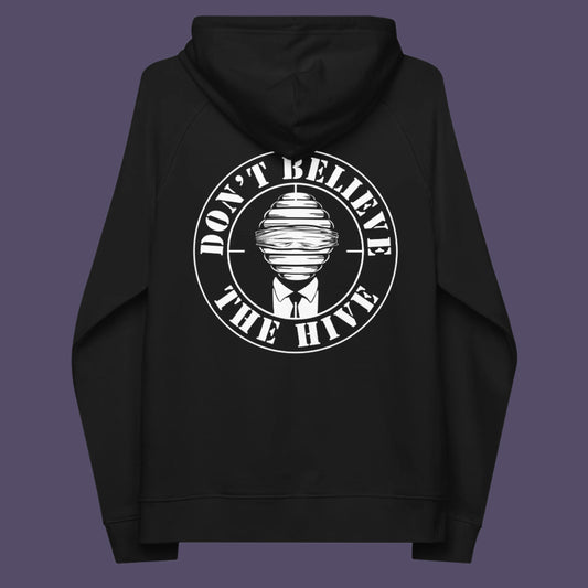 Black hoodie back. In an ever increasing world of media influence and misinformation, can 'The Majority' no longer be trusted ? Don't get blinded by the hive minded. Support independent thought with this unique hoodie. Comfortable and practical. It's extra soft and has a convenient front pouch pocket. Made from organic cotton and recycled polyester, this social awareness hoodie is a great eco-friendly choice.