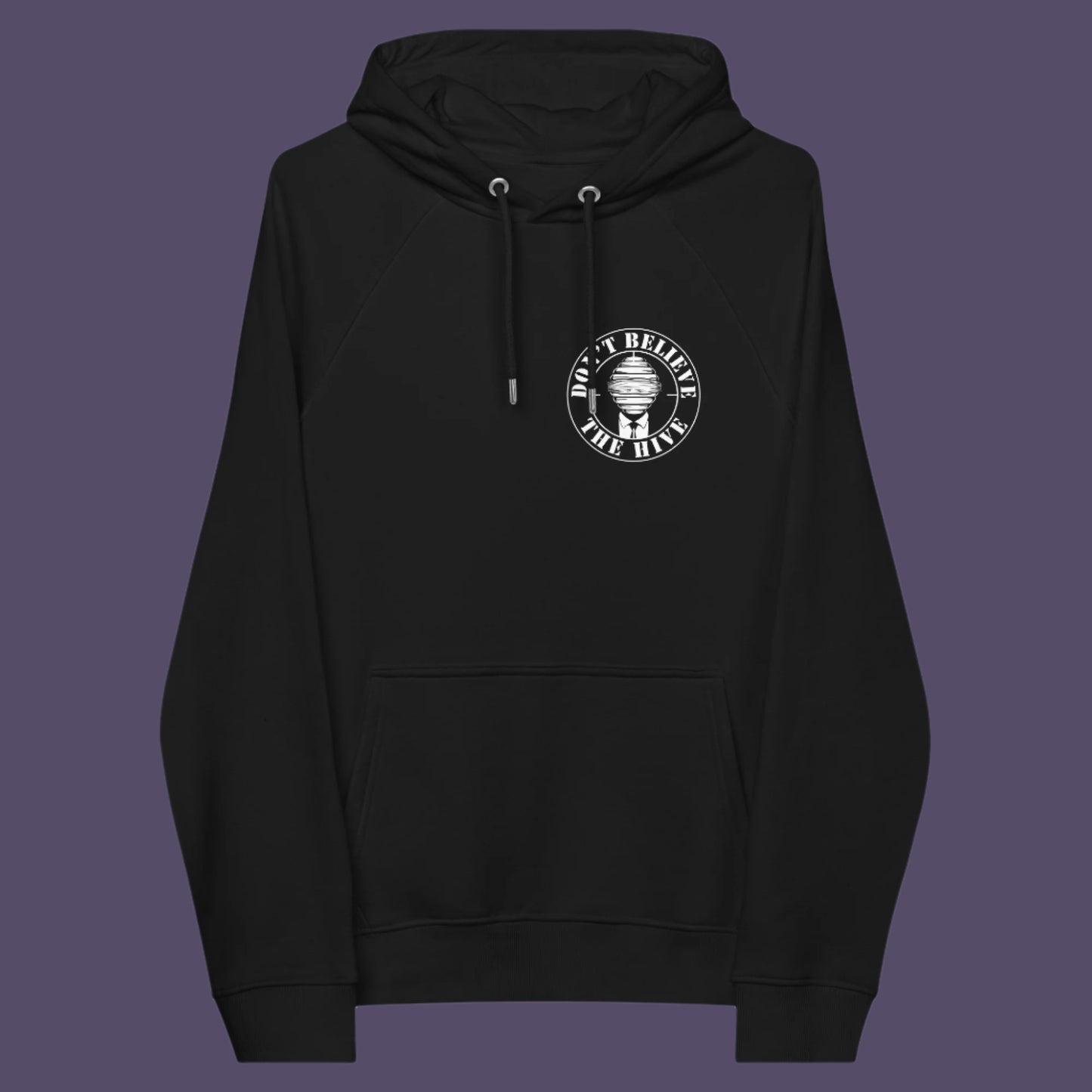 Black hoodie front. In an ever increasing world of media influence and misinformation, can 'The Majority' no longer be trusted ? Don't get blinded by the hive minded. Support independent thought with this unique hoodie. Comfortable and practical. It's extra soft and has a convenient front pouch pocket. Made from organic cotton and recycled polyester, this social awareness hoodie is a great eco-friendly choice.