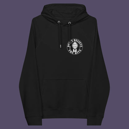 Black hoodie front. In an ever increasing world of media influence and misinformation, can 'The Majority' no longer be trusted ? Don't get blinded by the hive minded. Support independent thought with this unique hoodie. Comfortable and practical. It's extra soft and has a convenient front pouch pocket. Made from organic cotton and recycled polyester, this social awareness hoodie is a great eco-friendly choice.