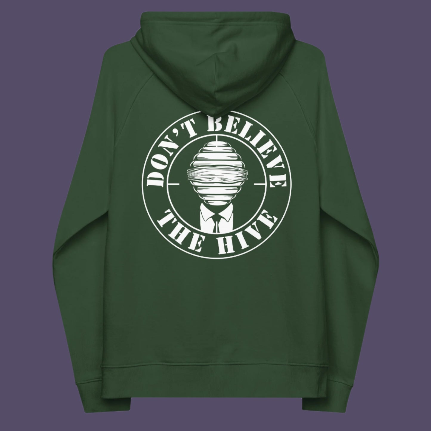 Bottle green hoodie back. In an ever increasing world of media influence and misinformation, can 'The Majority' no longer be trusted ? Don't get blinded by the hive minded. Support independent thought with this unique hoodie. Comfortable and practical. It's extra soft and has a convenient front pouch pocket. Made from organic cotton and recycled polyester, this social awareness hoodie is a great eco-friendly choice.