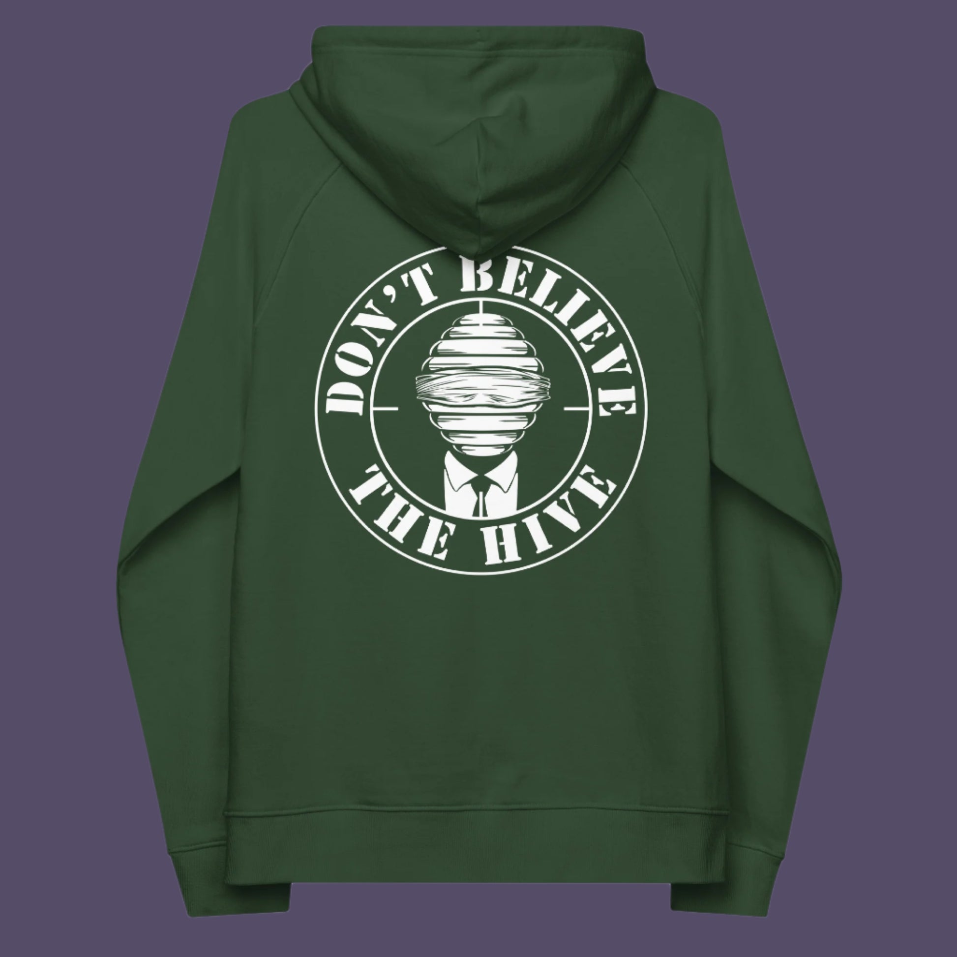 Bottle green hoodie back. In an ever increasing world of media influence and misinformation, can 'The Majority' no longer be trusted ? Don't get blinded by the hive minded. Support independent thought with this unique hoodie. Comfortable and practical. It's extra soft and has a convenient front pouch pocket. Made from organic cotton and recycled polyester, this social awareness hoodie is a great eco-friendly choice.