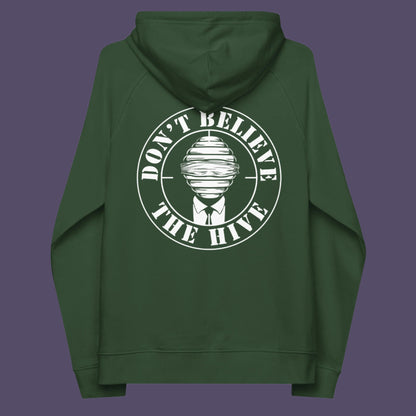 Bottle green hoodie back. In an ever increasing world of media influence and misinformation, can 'The Majority' no longer be trusted ? Don't get blinded by the hive minded. Support independent thought with this unique hoodie. Comfortable and practical. It's extra soft and has a convenient front pouch pocket. Made from organic cotton and recycled polyester, this social awareness hoodie is a great eco-friendly choice.