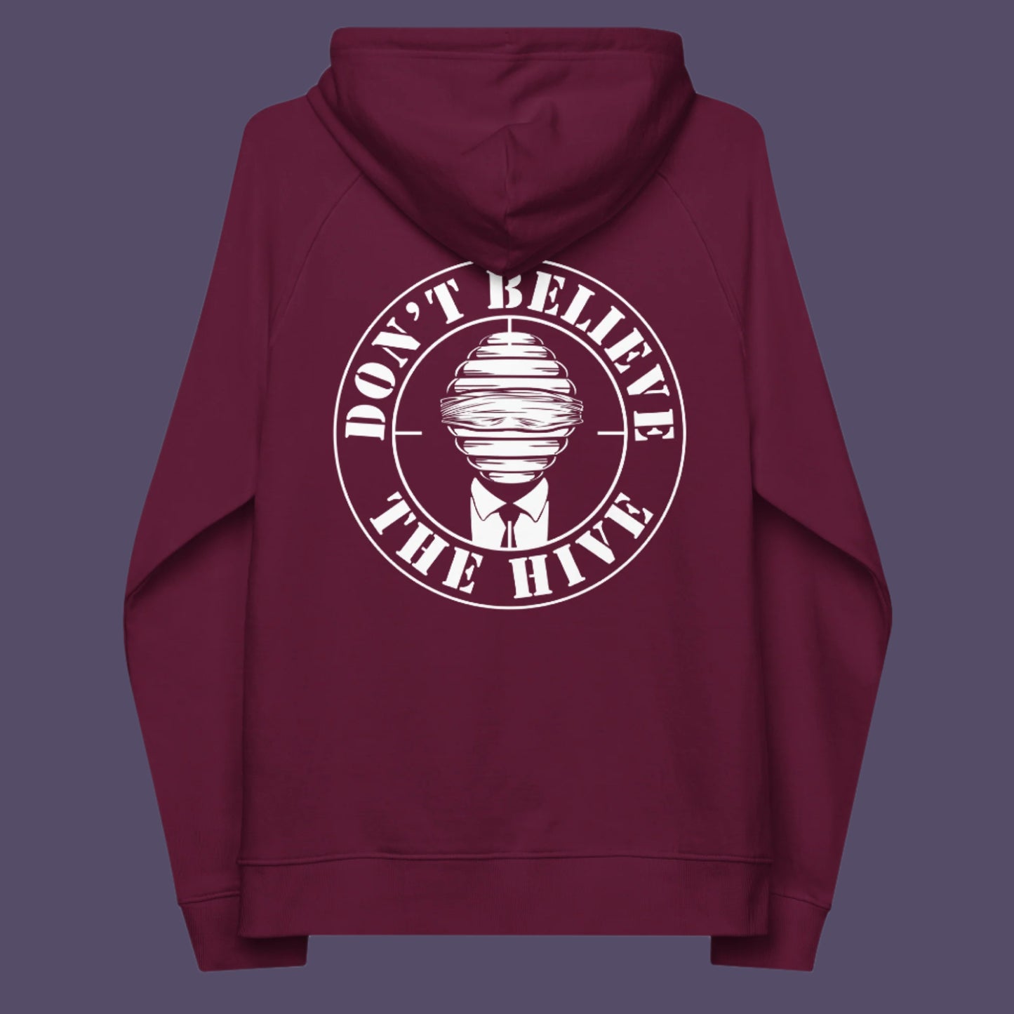 Burgundy hoodie back. In an ever increasing world of media influence and misinformation, can 'The Majority' no longer be trusted ? Don't get blinded by the hive minded. Support independent thought with this unique hoodie. Comfortable and practical. It's extra soft and has a convenient front pouch pocket. Made from organic cotton and recycled polyester, this social awareness hoodie is a great eco-friendly choice.