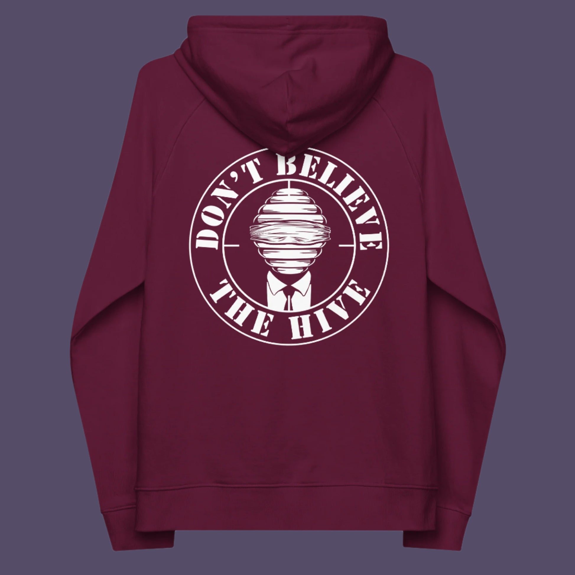 Burgundy hoodie back. In an ever increasing world of media influence and misinformation, can 'The Majority' no longer be trusted ? Don't get blinded by the hive minded. Support independent thought with this unique hoodie. Comfortable and practical. It's extra soft and has a convenient front pouch pocket. Made from organic cotton and recycled polyester, this social awareness hoodie is a great eco-friendly choice.