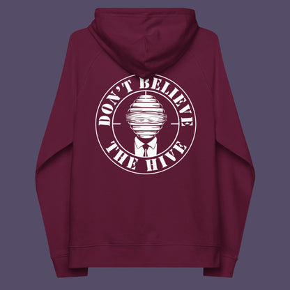 Burgundy hoodie back. In an ever increasing world of media influence and misinformation, can 'The Majority' no longer be trusted ? Don't get blinded by the hive minded. Support independent thought with this unique hoodie. Comfortable and practical. It's extra soft and has a convenient front pouch pocket. Made from organic cotton and recycled polyester, this social awareness hoodie is a great eco-friendly choice.