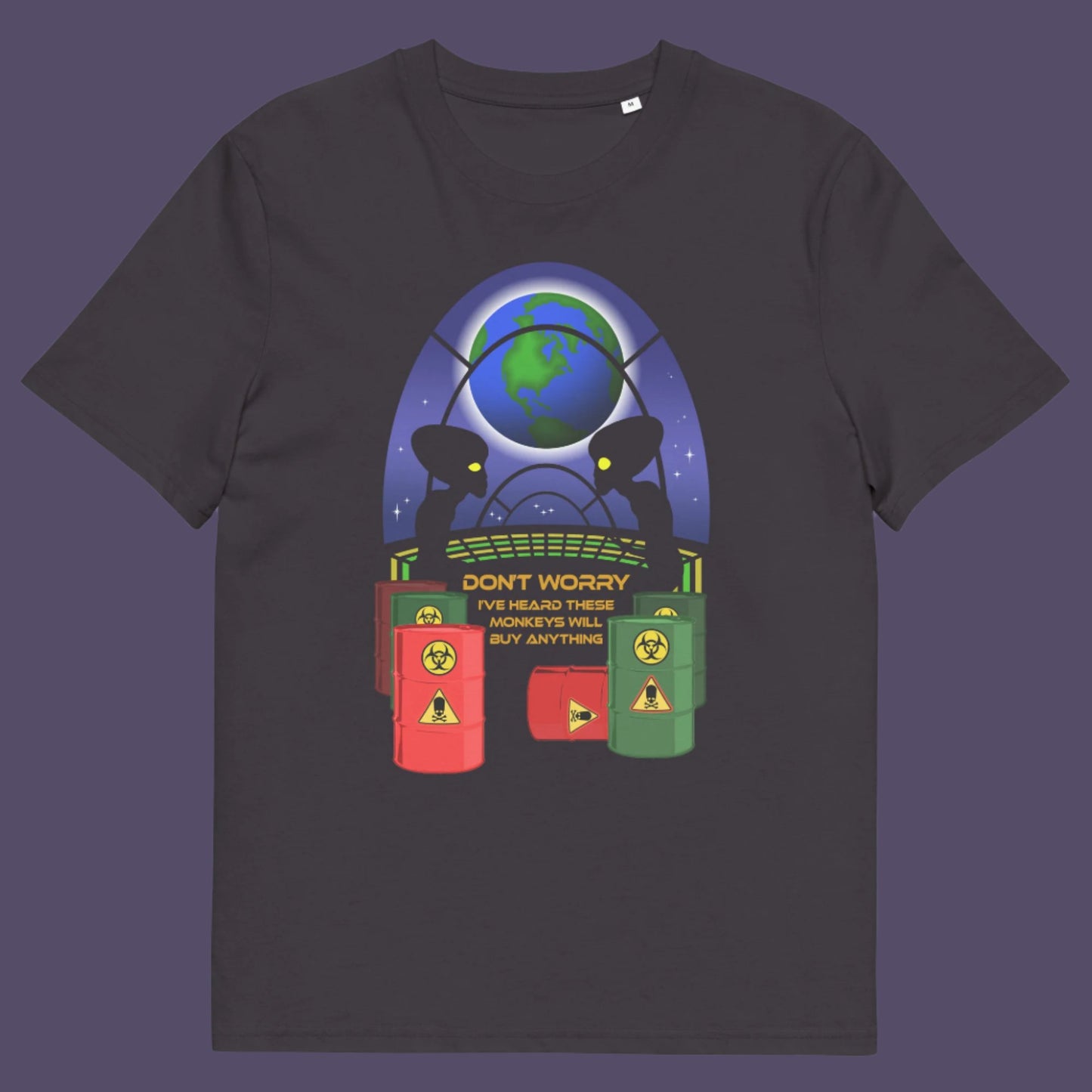 Anthracite t shirt. A funny alien t shirt design showing a humorous view of how aliens must see us. It's universally acknowledged that humans have an obsession with shopping and buying things they don't need. Made from 100% organic ring-spun cotton, these cool sci fi t shirts are unisex, high-quality, super comfy, and best of all, eco-friendly.