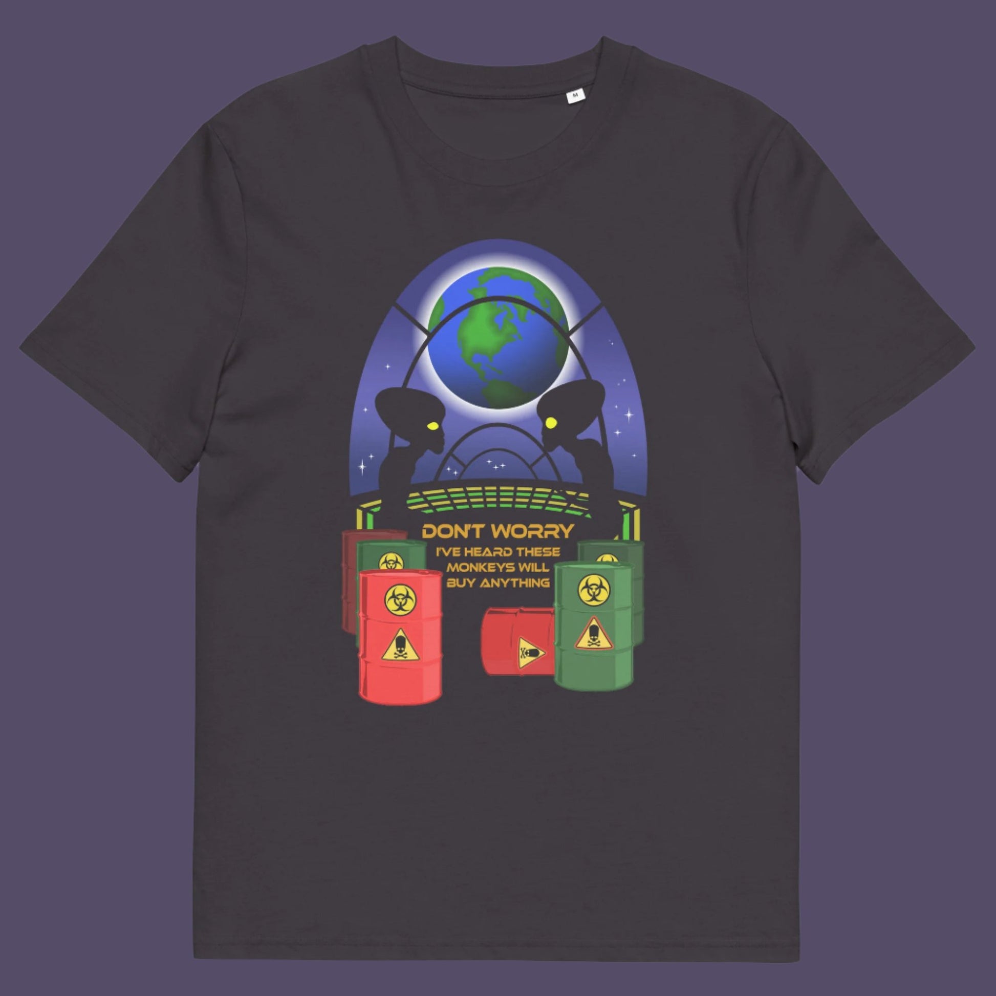 Anthracite t shirt. A funny alien t shirt design showing a humorous view of how aliens must see us. It's universally acknowledged that humans have an obsession with shopping and buying things they don't need. Made from 100% organic ring-spun cotton, these cool sci fi t shirts are unisex, high-quality, super comfy, and best of all, eco-friendly.