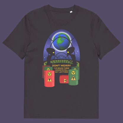 Anthracite t shirt. A funny alien t shirt design showing a humorous view of how aliens must see us. It's universally acknowledged that humans have an obsession with shopping and buying things they don't need. Made from 100% organic ring-spun cotton, these cool sci fi t shirts are unisex, high-quality, super comfy, and best of all, eco-friendly.