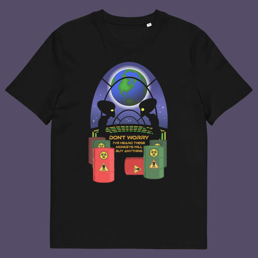 Black t shirt. A funny alien t shirt design showing a humorous view of how aliens must see us. It's universally acknowledged that humans have an obsession with shopping and buying things they don't need. Made from 100% organic ring-spun cotton, these cool sci fi t shirts are unisex, high-quality, super comfy, and best of all, eco-friendly.