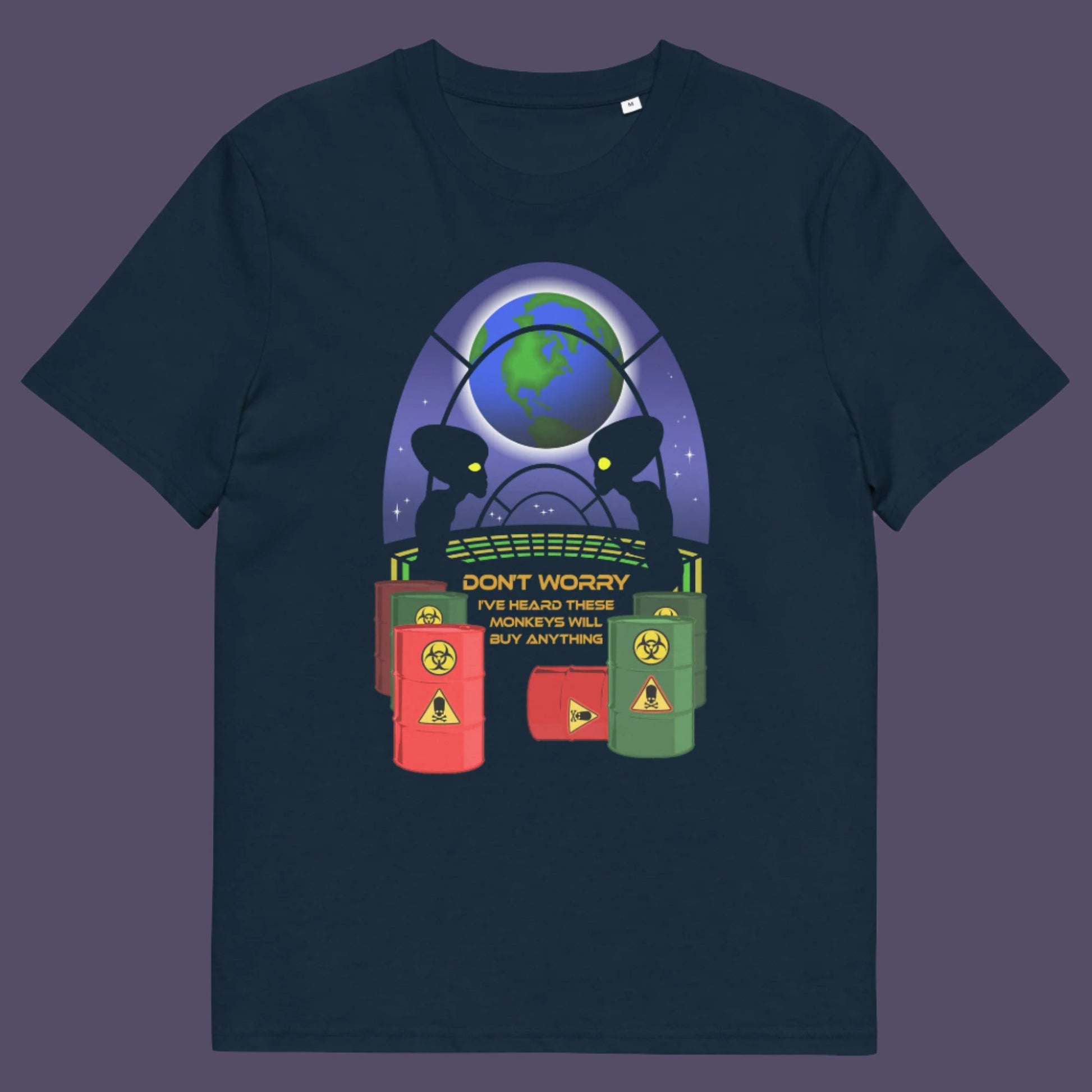 French navy t shirt. A funny alien t shirt design showing a humorous view of how aliens must see us. It's universally acknowledged that humans have an obsession with shopping and buying things they don't need. Made from 100% organic ring-spun cotton, these cool sci fi t shirts are unisex, high-quality, super comfy, and best of all, eco-friendly.