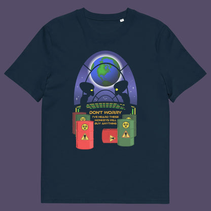 French navy t shirt. A funny alien t shirt design showing a humorous view of how aliens must see us. It's universally acknowledged that humans have an obsession with shopping and buying things they don't need. Made from 100% organic ring-spun cotton, these cool sci fi t shirts are unisex, high-quality, super comfy, and best of all, eco-friendly.