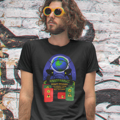 Person wearing a black t-shirt with a colorful graphic design in front of a graffiti-covered wall. A funny alien t shirt design showing a humorous view of how aliens must see us. It's universally acknowledged that humans have an obsession with shopping and buying things they don't need. Made from 100% organic ring-spun cotton, these cool sci fi t shirts are unisex, high-quality, super comfy, and best of all, eco-friendly.