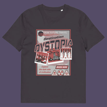 Anthracite t shirt. This funny dystopian t-shirt design is a clever play on a tourism poster promoting dystopia as a satirical holiday destination. If you feel that our system of inequality will render any holiday to the western world a holiday in Dystopia, this design will truly represent your feelings. Made from 100% organic ring-spun cotton, this broken society t shirt is unisex, high-quality, super comfy, and best of all, eco-friendly.