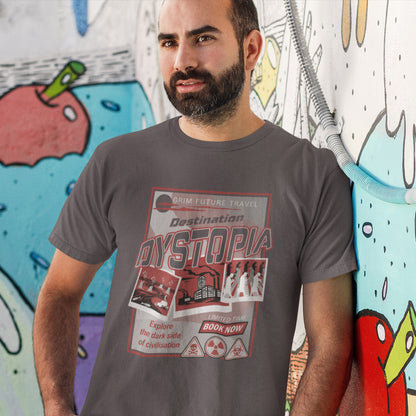 Man wearing a t-shirt with 'Destination Dystopia' design in front of a colourful mural. This funny dystopian t-shirt design is a clever play on a tourism poster promoting dystopia as a satirical holiday destination. If you feel that our system of inequality will render any holiday to the western world a holiday in Dystopia, this design will truly represent your feelings. Made from 100% organic ring-spun cotton, this broken society t shirt is unisex, high-quality, super comfy, and best of all, eco-friendly.