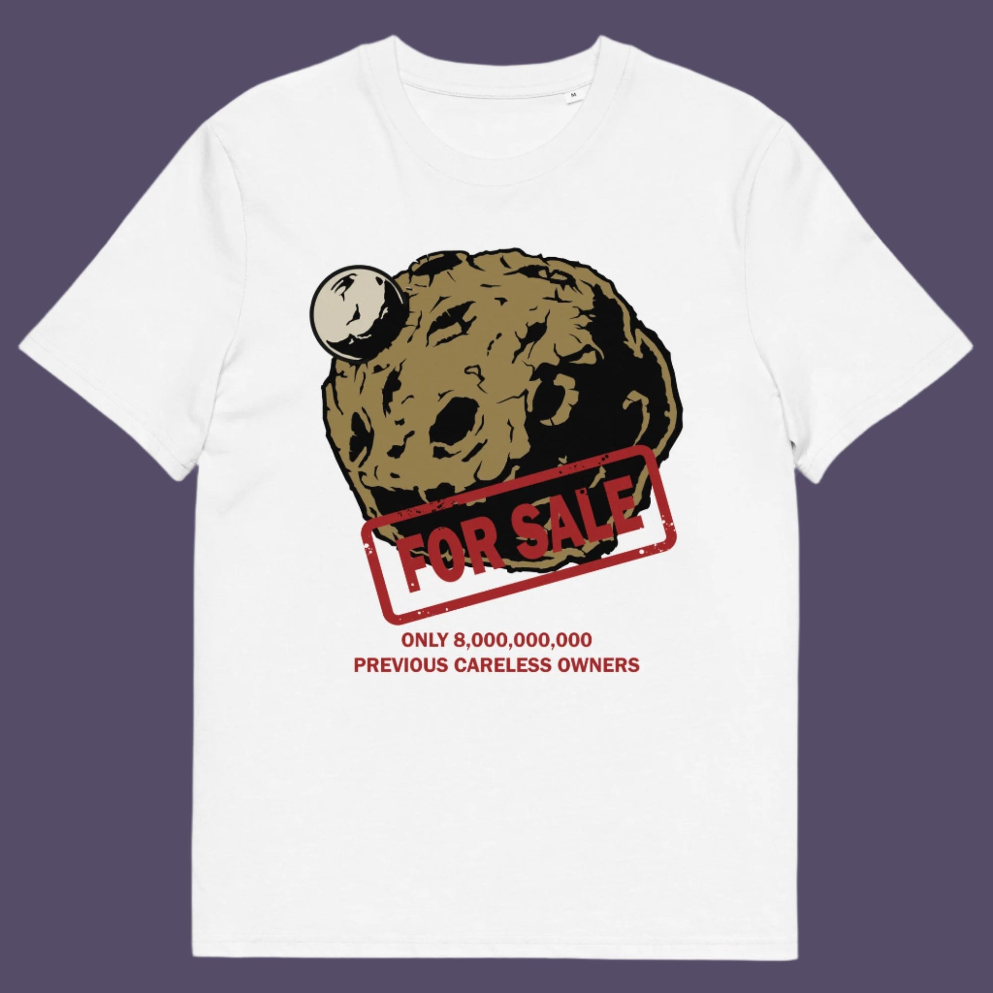 White t-shirt. A futuristic environmental t-shirt design playing on the car sales slogan 'One careful previous owner' You know we'll try to sell the planet when we're finished with it. Climate awareness sooner than later. Made from 100% organic ring-spun cotton, this climate concern t-shirt is unisex, high-quality, super comfy, and best of all, eco-friendly.