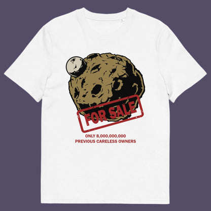 White t-shirt. A futuristic environmental t-shirt design playing on the car sales slogan 'One careful previous owner' You know we'll try to sell the planet when we're finished with it. Climate awareness sooner than later. Made from 100% organic ring-spun cotton, this climate concern t-shirt is unisex, high-quality, super comfy, and best of all, eco-friendly.