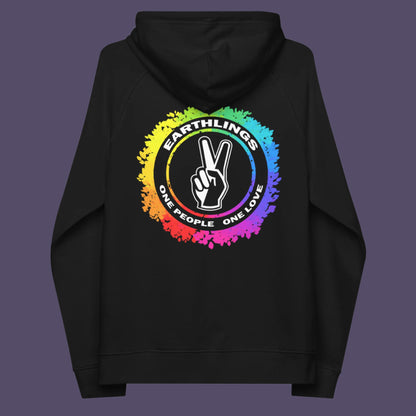 Black hoodie back. This ant-prejudice hoodie is LGTBQ+ friendly and anti-racism. We are all Earthlings and can live in peace and harmony if we put aside our prejudice and fear. This original design promotes social awareness and unity. Comfortable and practical. It's extra soft and has a convenient front pouch pocket. Made from organic cotton and recycled polyester, this anti prejudice hoodie is a great eco-friendly choice.