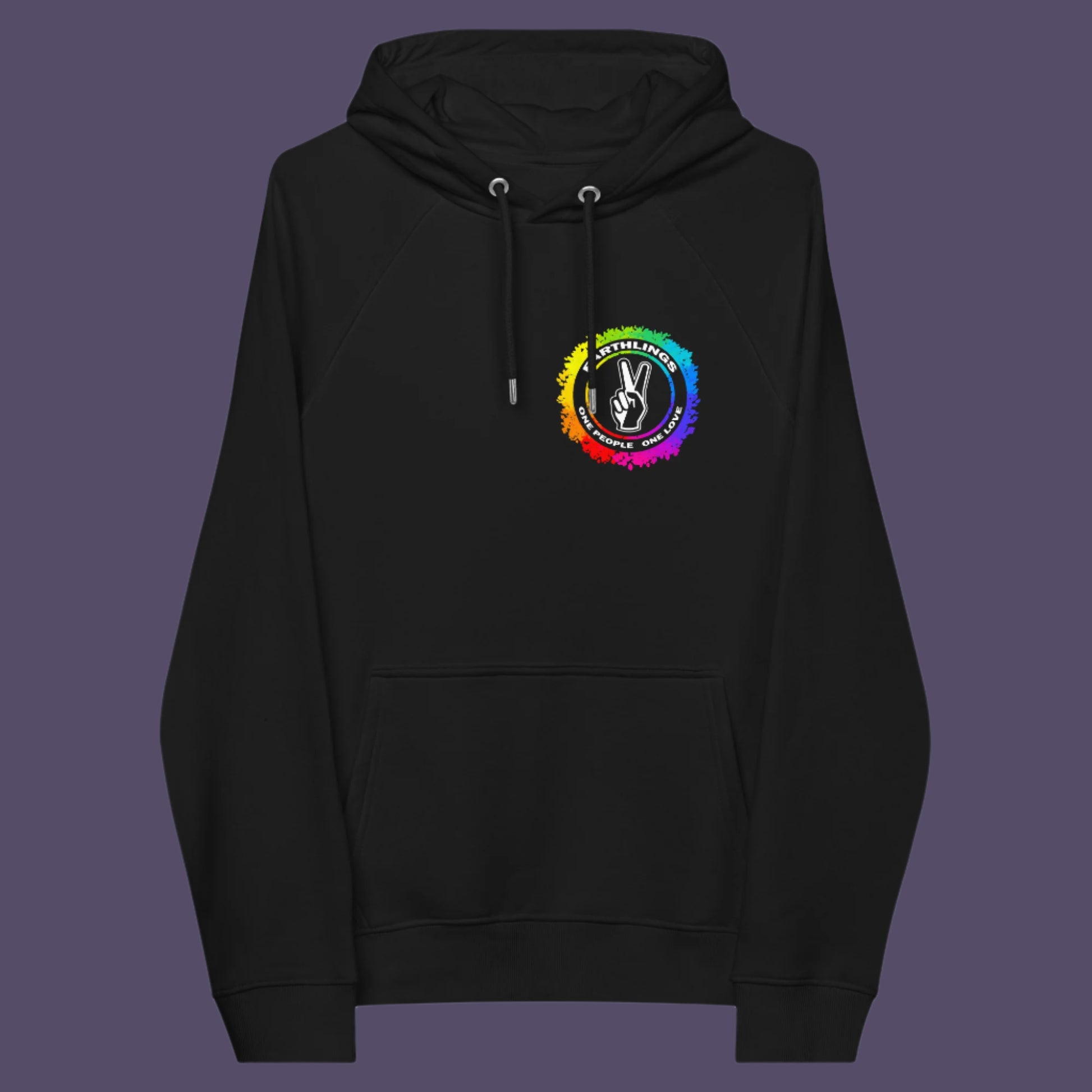 Black hoodie front. This ant-prejudice hoodie is LGTBQ+ friendly and anti-racism. We are all Earthlings and can live in peace and harmony if we put aside our prejudice and fear. This original design promotes social awareness and unity. Comfortable and practical. It's extra soft and has a convenient front pouch pocket. Made from organic cotton and recycled polyester, this anti prejudice hoodie is a great eco-friendly choice.