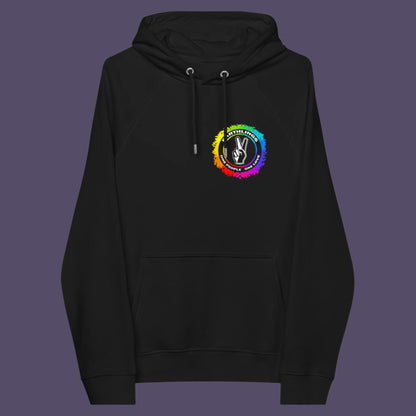 Black hoodie front. This ant-prejudice hoodie is LGTBQ+ friendly and anti-racism. We are all Earthlings and can live in peace and harmony if we put aside our prejudice and fear. This original design promotes social awareness and unity. Comfortable and practical. It's extra soft and has a convenient front pouch pocket. Made from organic cotton and recycled polyester, this anti prejudice hoodie is a great eco-friendly choice.