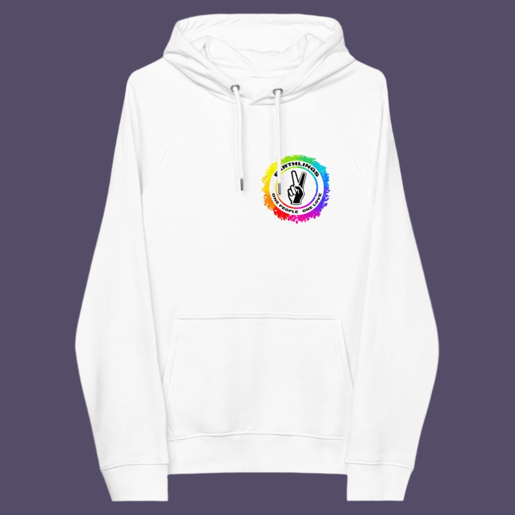 White hoodie front. This ant-prejudice hoodie is LGTBQ+ friendly and anti-racism. We are all Earthlings and can live in peace and harmony if we put aside our prejudice and fear. This original design promotes social awareness and unity. Comfortable and practical. It's extra soft and has a convenient front pouch pocket. Made from organic cotton and recycled polyester, this anti prejudice hoodie is a great eco-friendly choice.